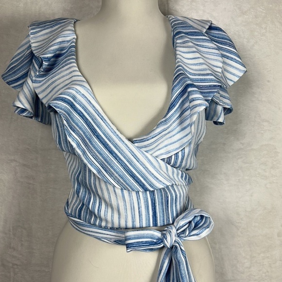 Misa Los Angeles Marah Blue White Stripe Ruffle Wrap Crop Linen Modal Top Blouse - Picture 4 of 16
